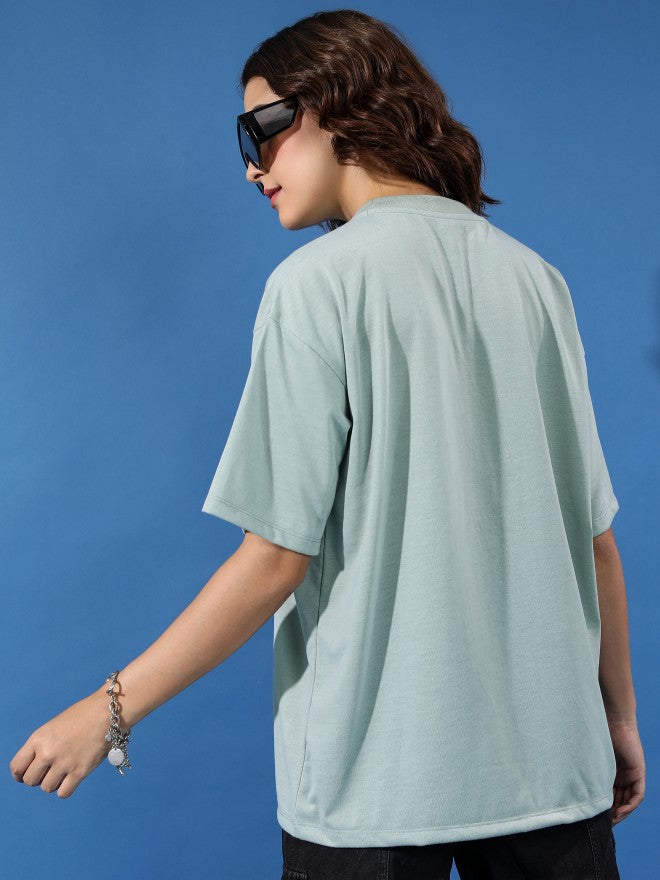 Tokyo Talkies Women Blue Printed Round Neck Oversized Fit T-Shirt - Blue - Image 3