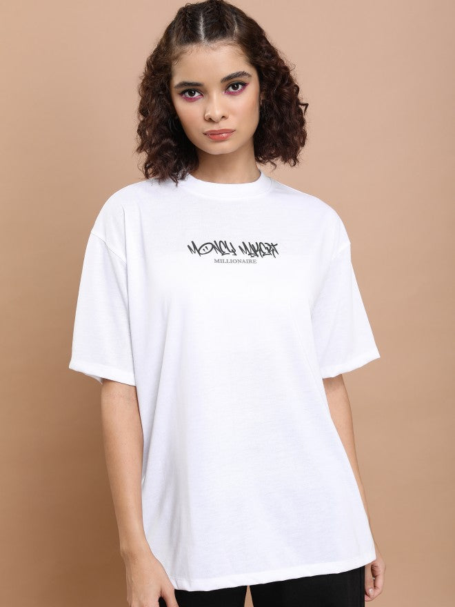 Tokyo Talkies Women White Printed Round Neck Oversized Fit T-Shirt - White - Image 3
