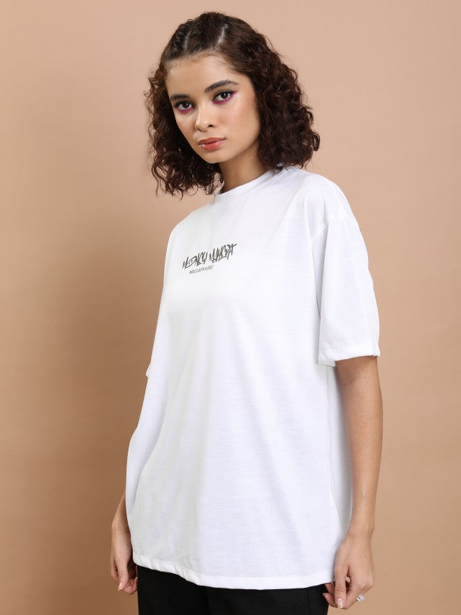 Tokyo Talkies Women White Printed Round Neck Oversized Fit T-Shirt - White - Image 4