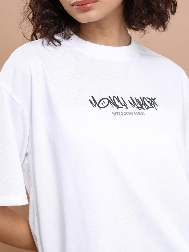 Tokyo Talkies Women White Printed Round Neck Oversized Fit T-Shirt - White - Image 5