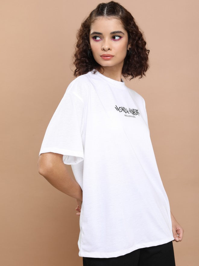 Tokyo Talkies Women White Printed Round Neck Oversized Fit T-Shirt - White - Image 6
