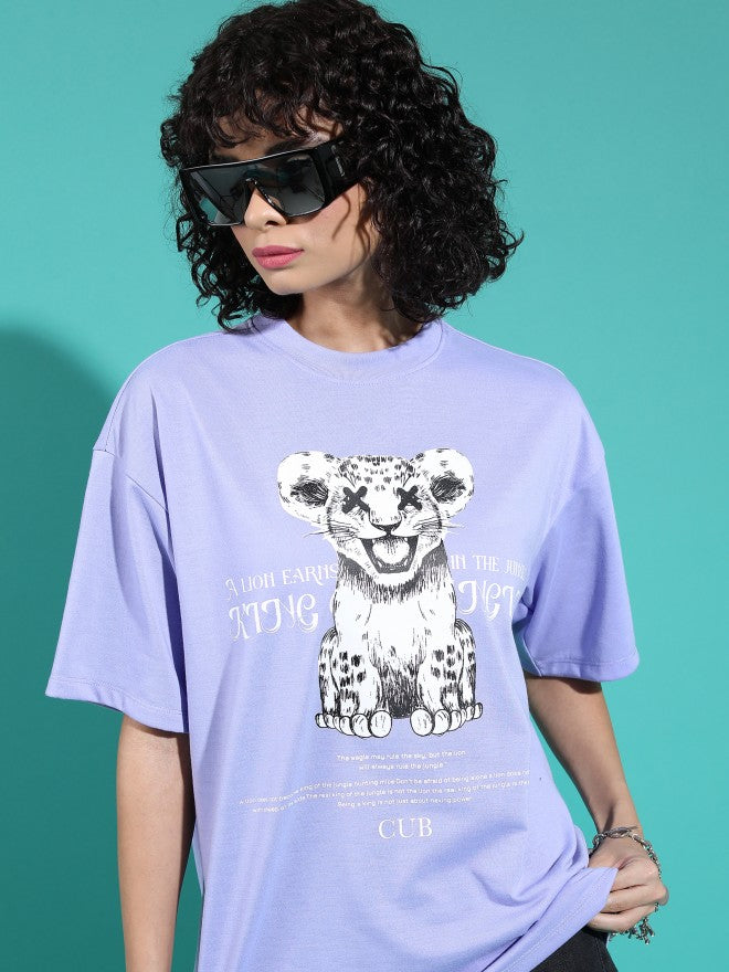 Tokyo Talkies Women Lavender Printed Round Neck Oversized Fit T-Shirt - Lavender - Image 1