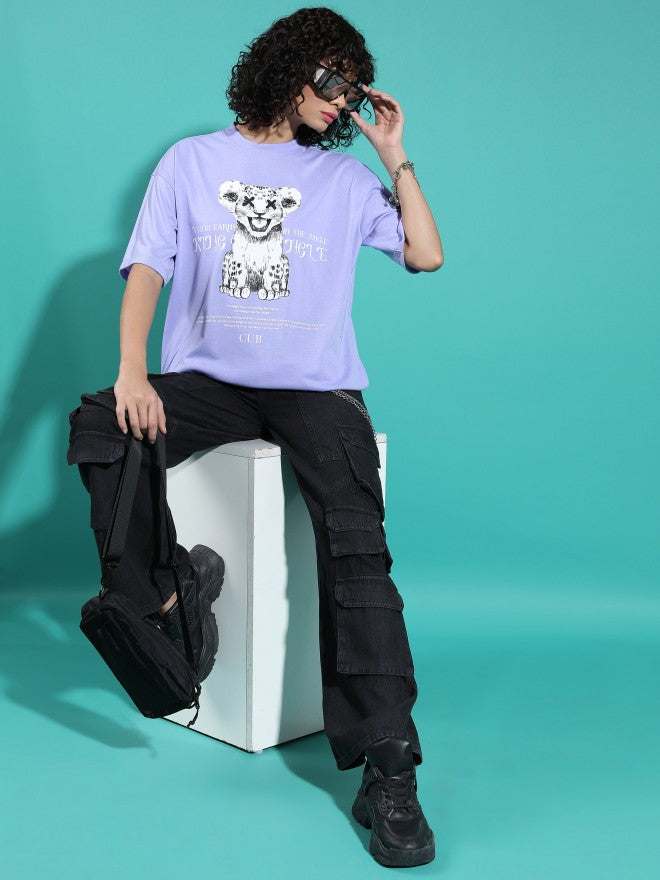 Tokyo Talkies Women Lavender Printed Round Neck Oversized Fit T-Shirt - Lavender - Image 2