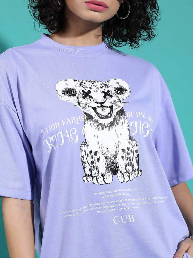 Tokyo Talkies Women Lavender Printed Round Neck Oversized Fit T-Shirt - Lavender - Image 5