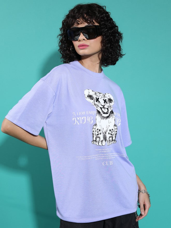 Tokyo Talkies Women Lavender Printed Round Neck Oversized Fit T-Shirt - Lavender - Image 6