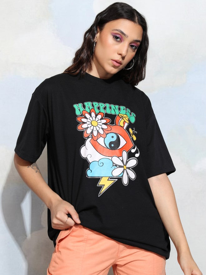 Tokyo Talkies Women Black Printed Round Neck T-Shirt - Black - Image 1