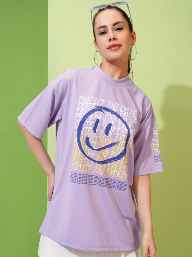 Tokyo Talkies Women Lavender Printed Round Neck Oversized Fit T-Shirt - Lavender - Image 1