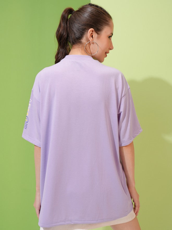 Tokyo Talkies Women Lavender Printed Round Neck Oversized Fit T-Shirt - Lavender - Image 3