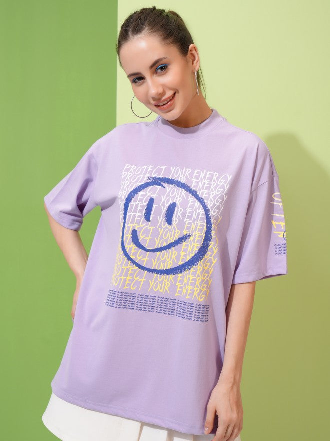 Tokyo Talkies Women Lavender Printed Round Neck Oversized Fit T-Shirt - Lavender - Image 4