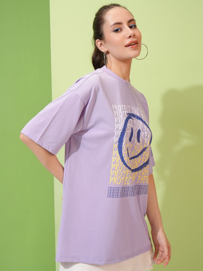 Tokyo Talkies Women Lavender Printed Round Neck Oversized Fit T-Shirt - Lavender - Image 6