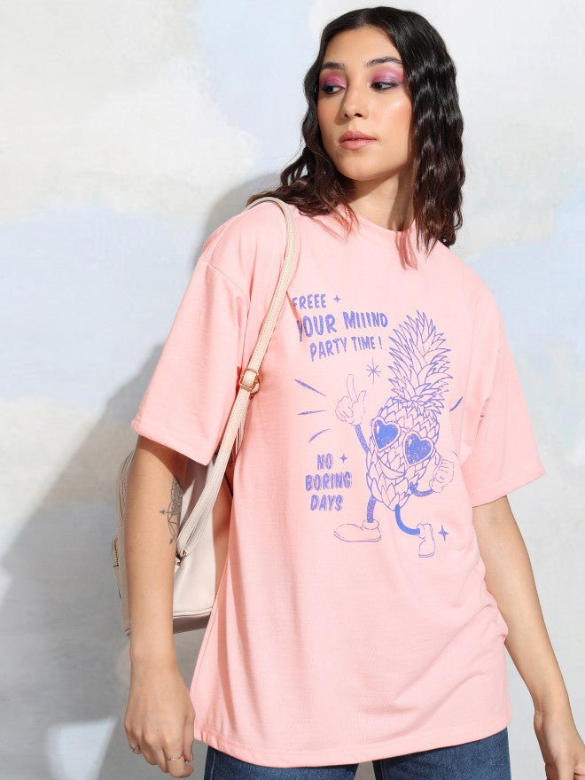 Tokyo Talkies Women Pink Printed Round Neck T-Shirt - Pink - Image 1