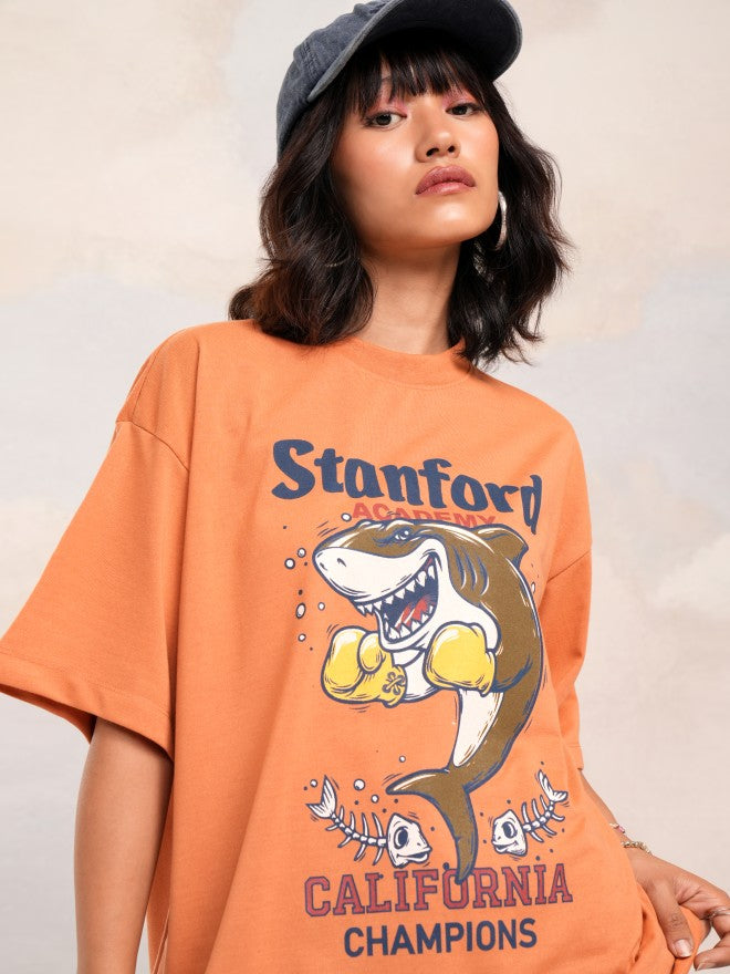 Tokyo Talkies Women Orange Printed Round Neck Oversized Fit T-Shirt - Orange - Image 1
