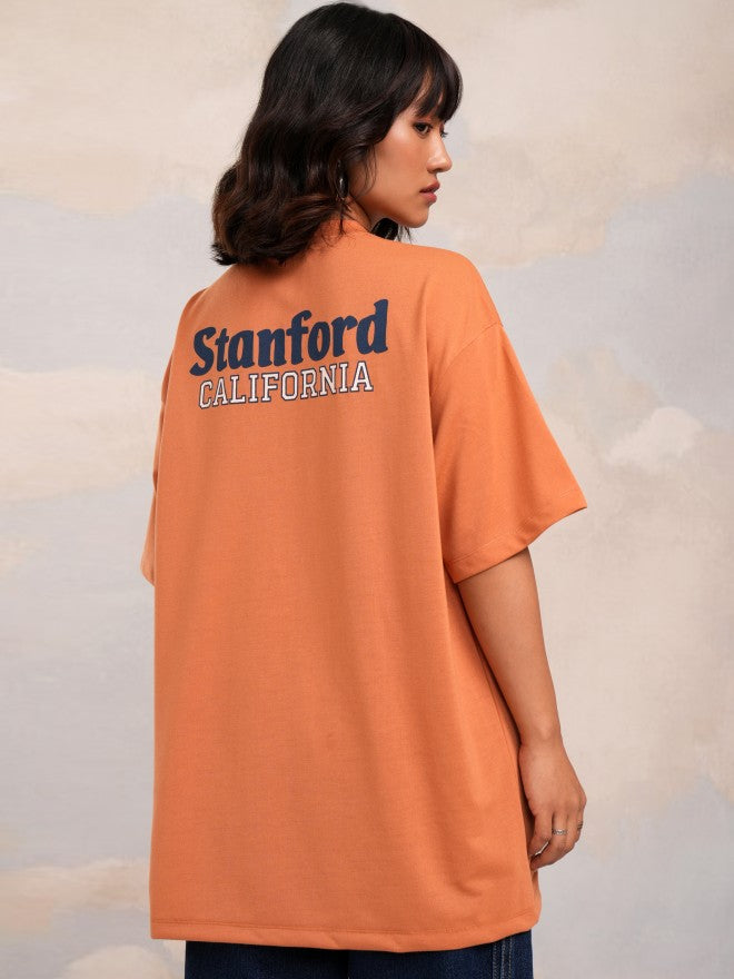 Tokyo Talkies Women Orange Printed Round Neck Oversized Fit T-Shirt - Orange - Image 3