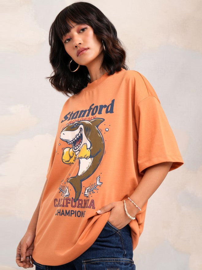 Tokyo Talkies Women Orange Printed Round Neck Oversized Fit T-Shirt - Orange - Image 4