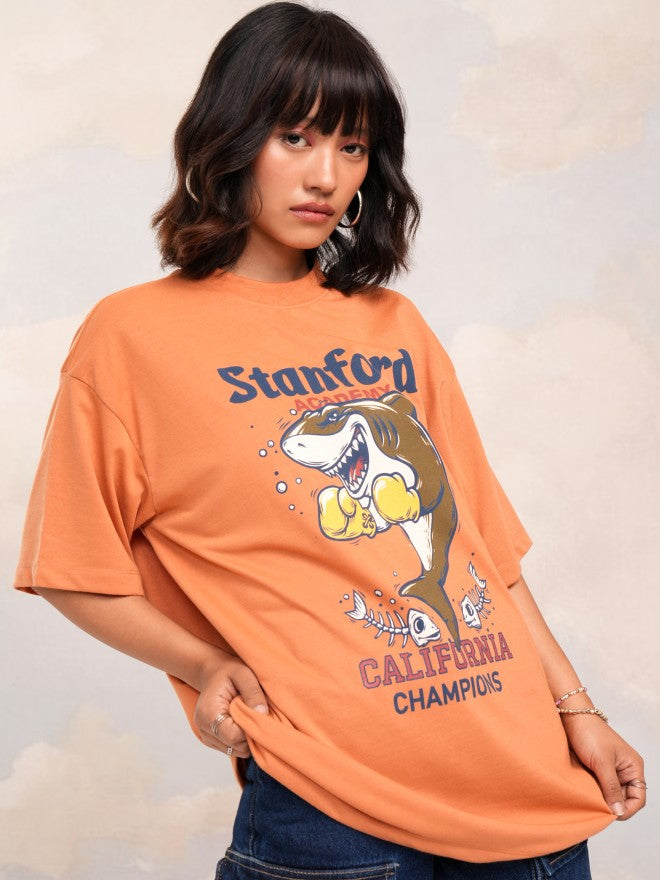 Tokyo Talkies Women Orange Printed Round Neck Oversized Fit T-Shirt - Orange - Image 6