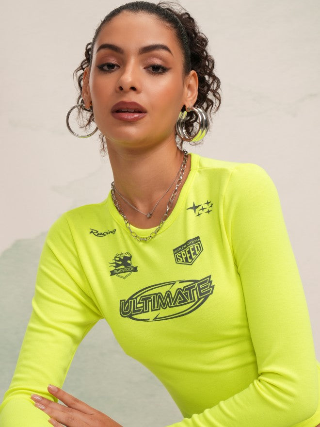 Tokyo Talkies Women Green Printed Round Neck Slim Fit Crop T-Shirt - Green - Image 1