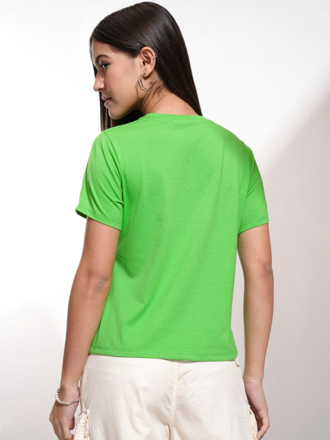 Tokyo Talkies Women Green Solid Round Neck T-Shirt - Green - Image 3