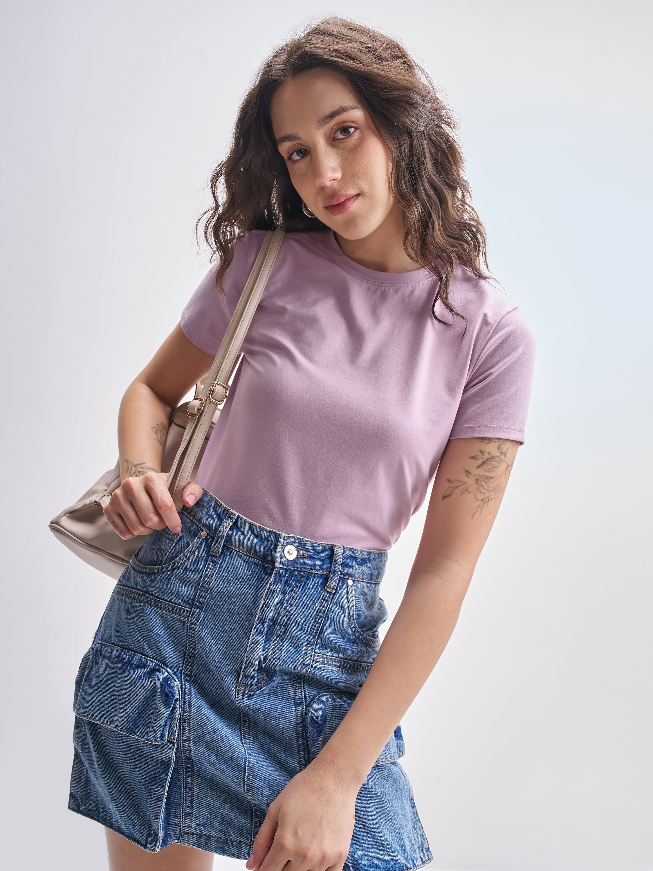 Tokyo Talkies Women Purple Solid Round Neck T-Shirt - Purple - Image 1
