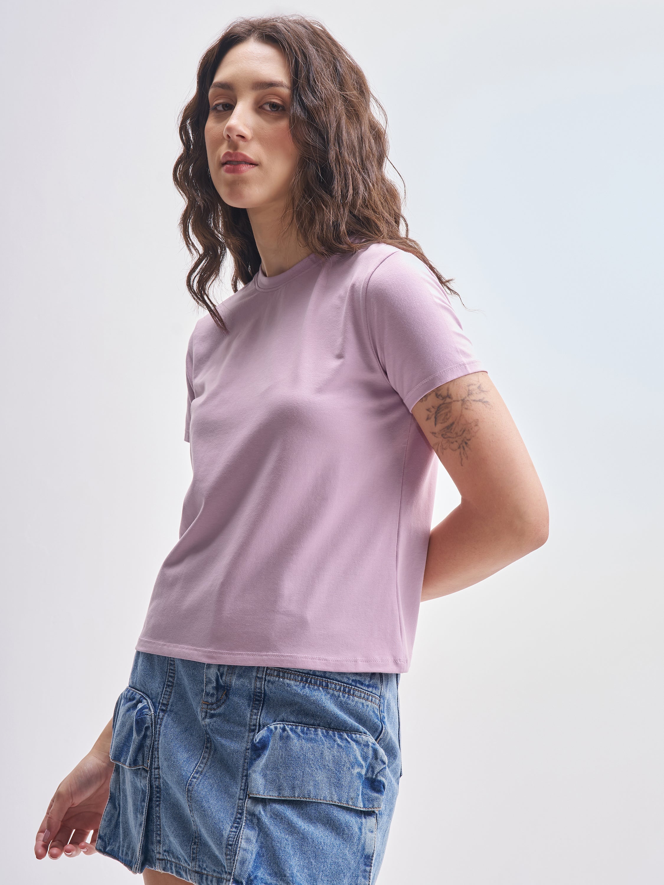 Tokyo Talkies Women Purple Solid Round Neck T-Shirt - Purple - Image 4