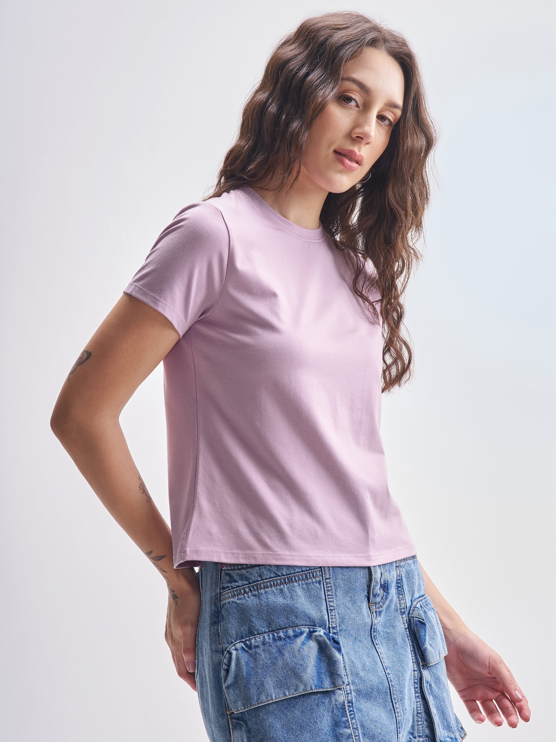 Tokyo Talkies Women Purple Solid Round Neck T-Shirt - Purple - Image 6