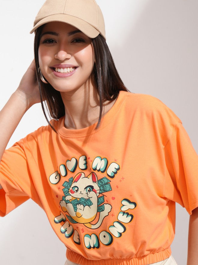 Tokyo Talkies Women Off Orange Printed Round Neck T-Shirt - Orange - Image 1