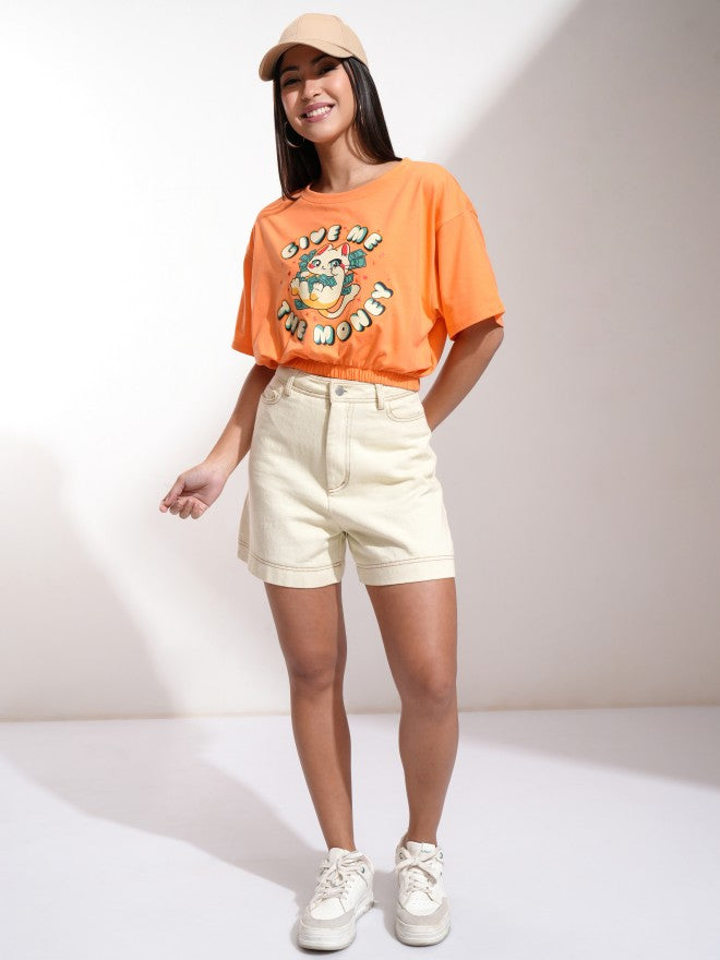 Tokyo Talkies Women Off Orange Printed Round Neck T-Shirt - Orange - Image 2