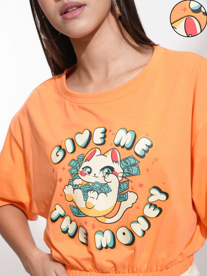 Tokyo Talkies Women Off Orange Printed Round Neck T-Shirt - Orange - Image 5