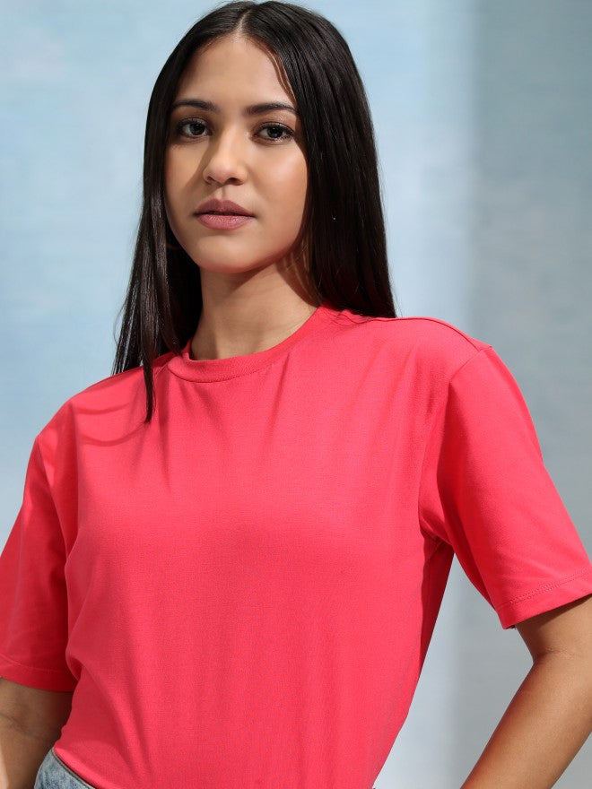 Tokyo Talkies Women Pink Solid Round Neck T-Shirt - Pink - Image 1