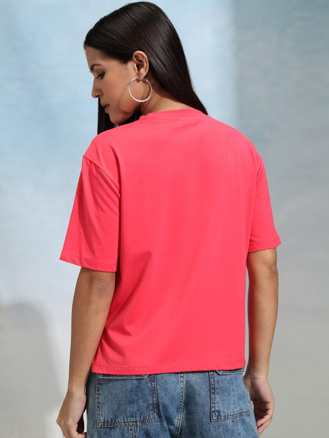 Tokyo Talkies Women Pink Solid Round Neck T-Shirt - Pink - Image 3