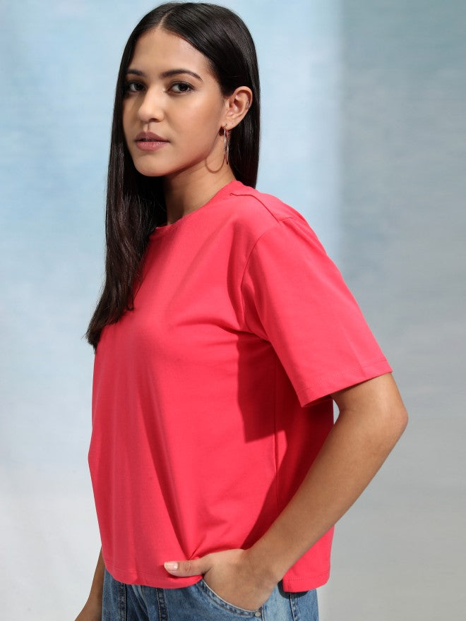 Tokyo Talkies Women Pink Solid Round Neck T-Shirt - Pink - Image 4