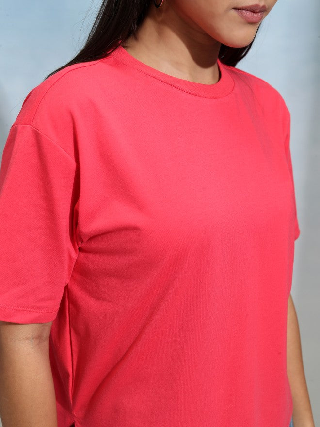 Tokyo Talkies Women Pink Solid Round Neck T-Shirt - Pink - Image 5