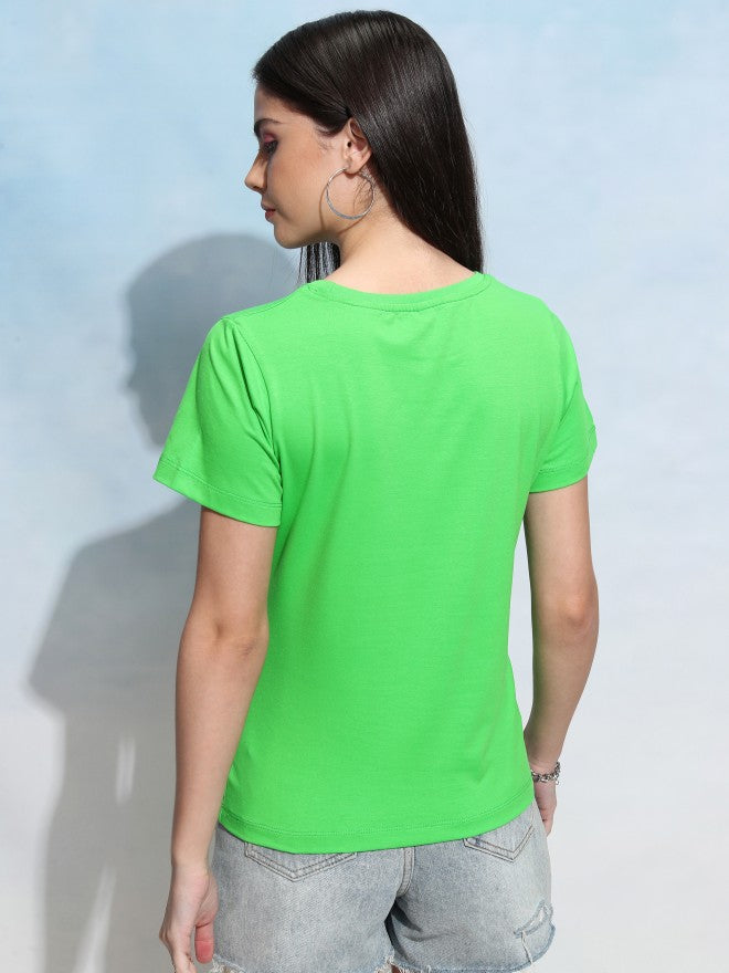 Tokyo Talkies Women Green Solid Round Neck T-Shirt - Green - Image 3
