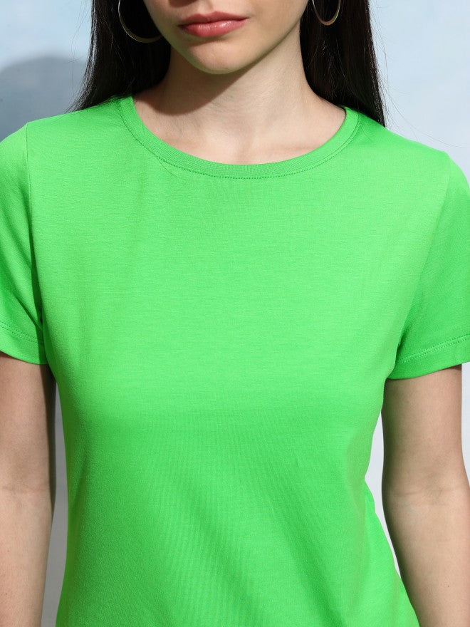 Tokyo Talkies Women Green Solid Round Neck T-Shirt - Green - Image 5