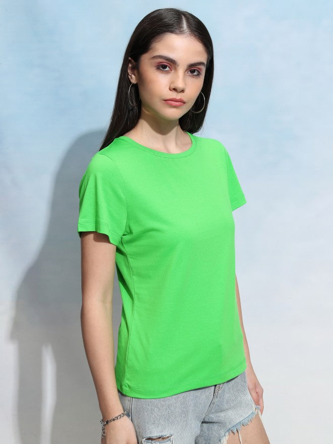 Tokyo Talkies Women Green Solid Round Neck T-Shirt - Green - Image 6