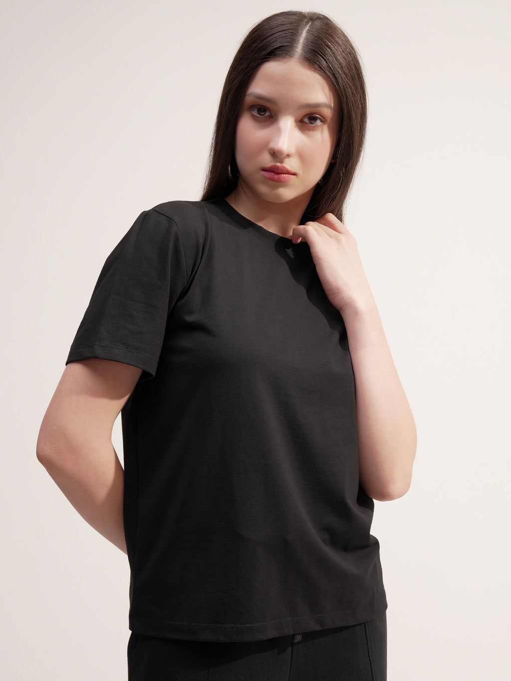 Tokyo Talkies Women Black Solid Round Neck T-Shirt - Black - Image 6