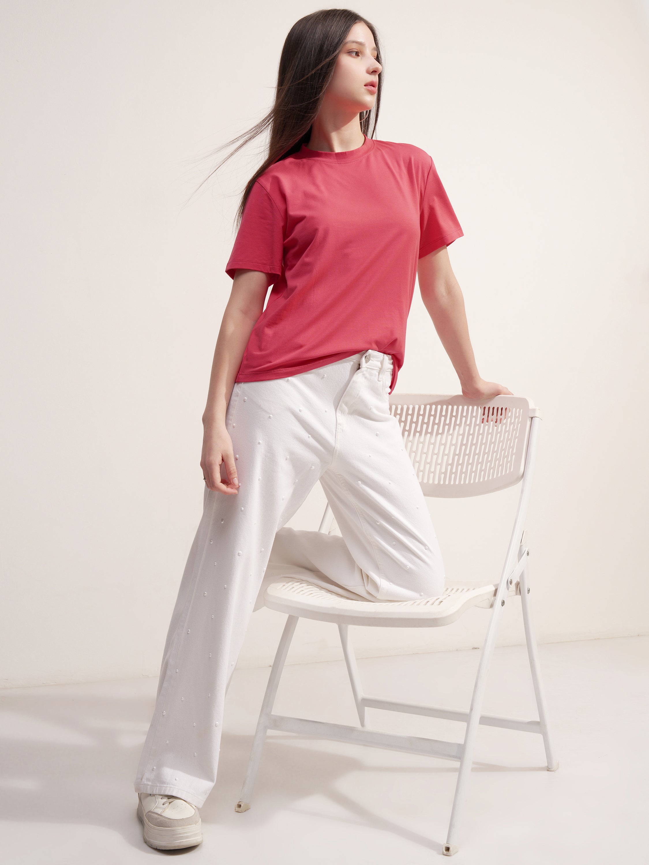 Tokyo Talkies Women Pink Solid Round Neck T-Shirt - Pink - Image 2