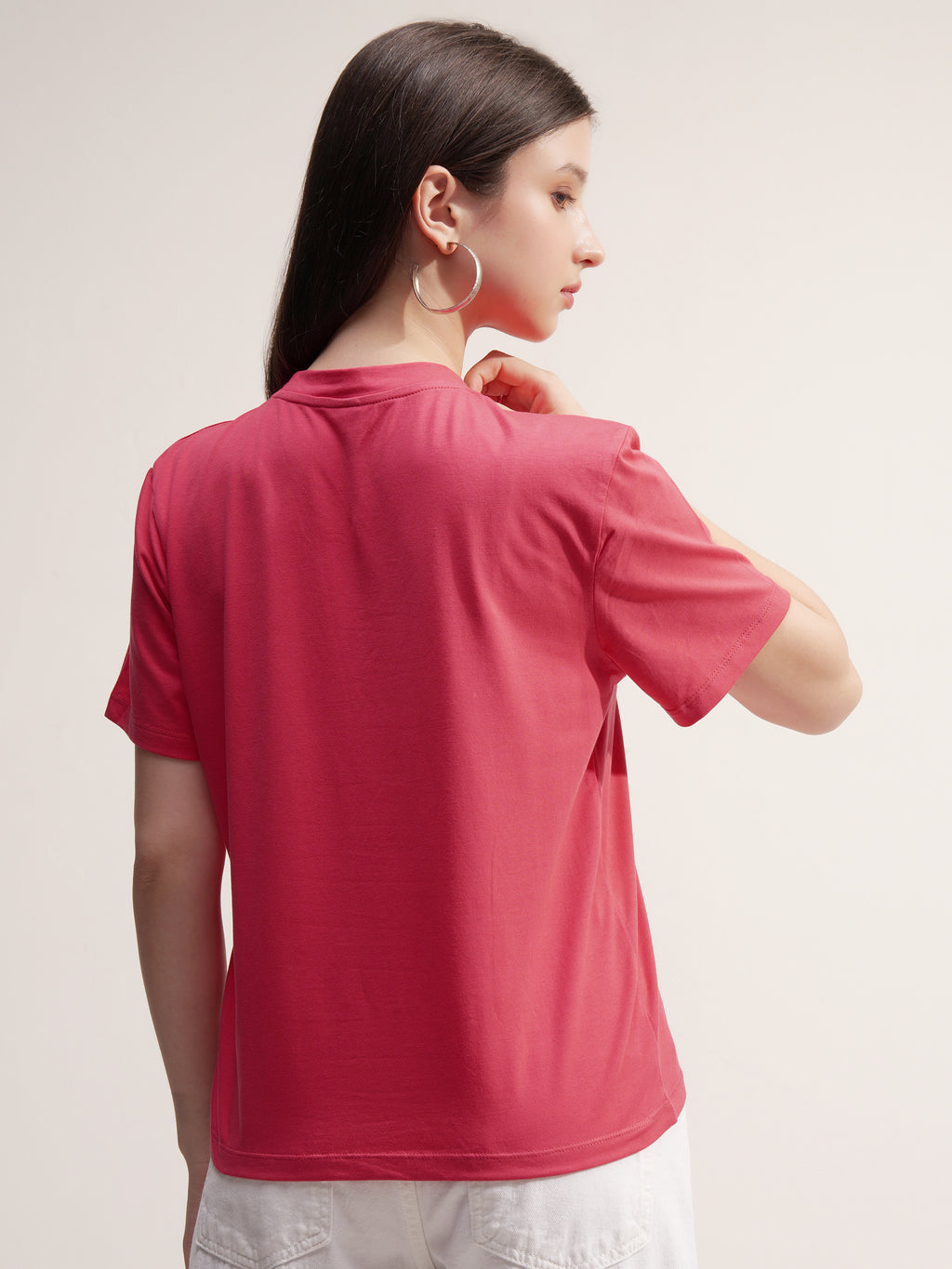 Tokyo Talkies Women Pink Solid Round Neck T-Shirt - Pink - Image 3