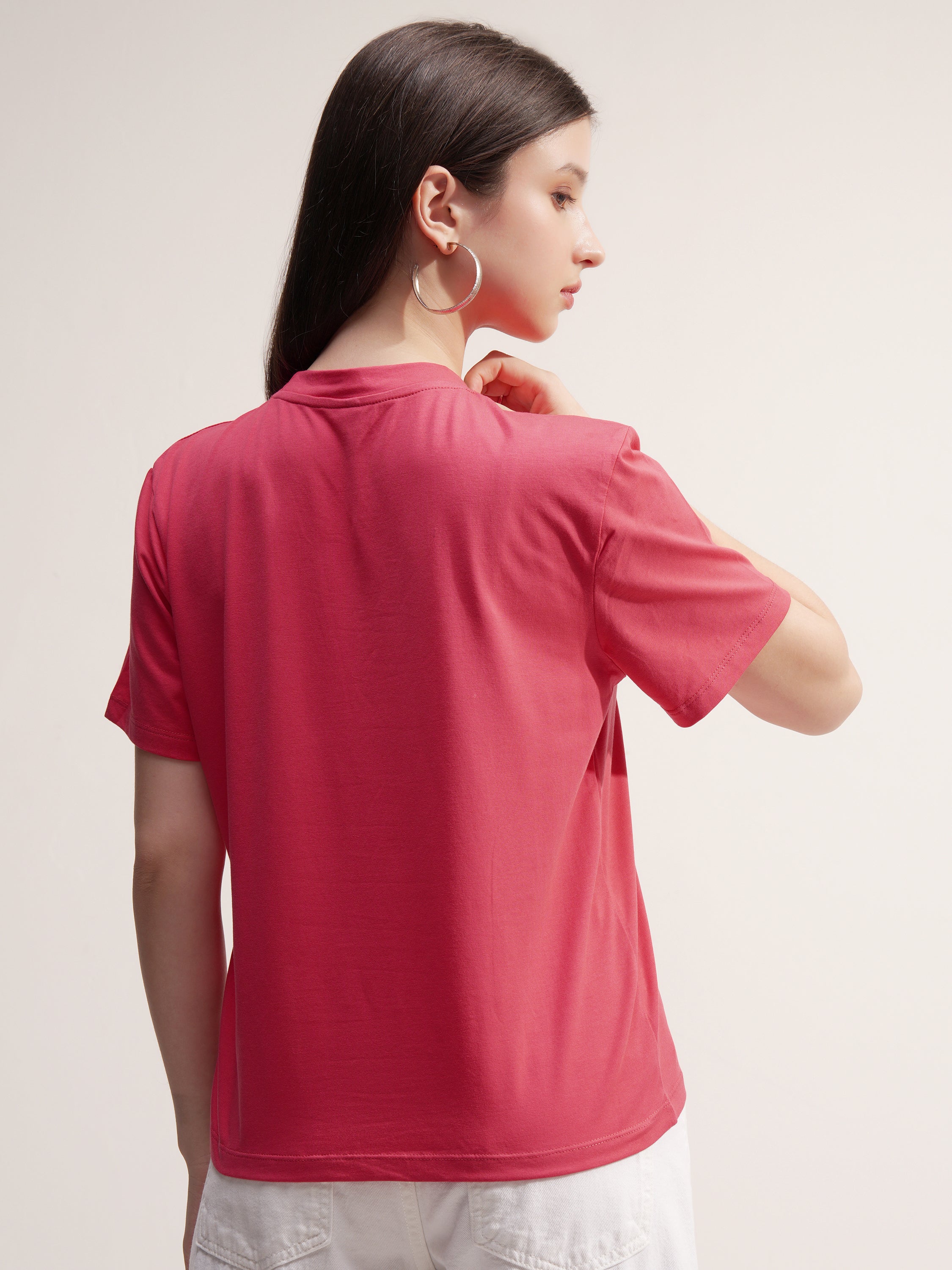 Tokyo Talkies Women Pink Solid Round Neck T-Shirt - Pink - Image 3