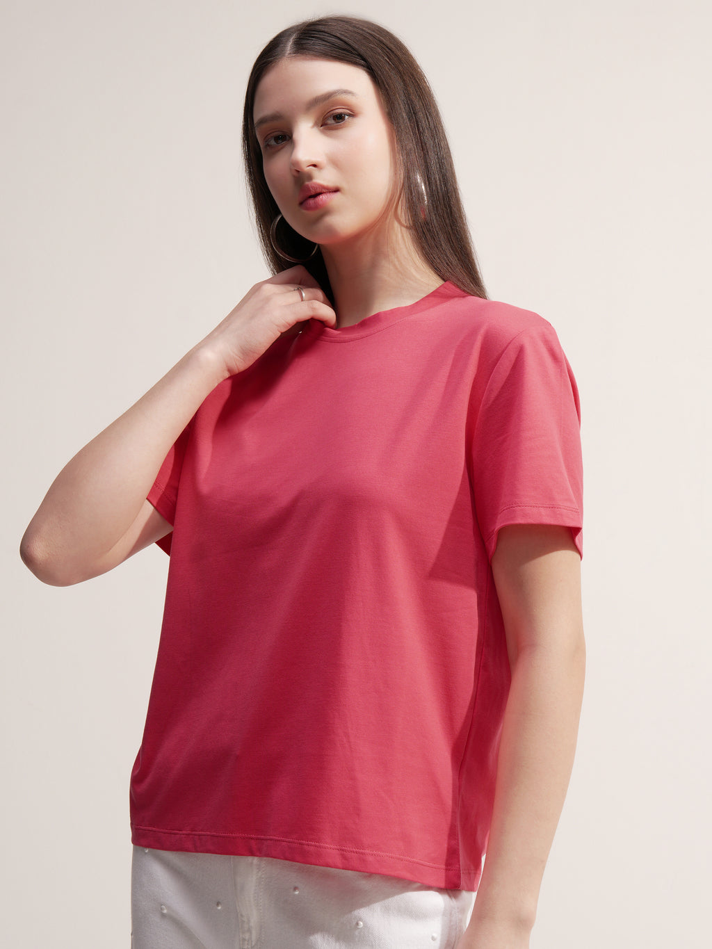 Tokyo Talkies Women Pink Solid Round Neck T-Shirt - Pink - Image 4