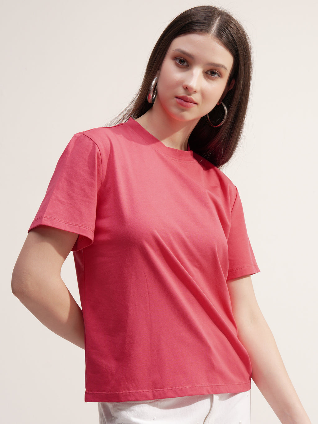 Tokyo Talkies Women Pink Solid Round Neck T-Shirt - Pink - Image 6