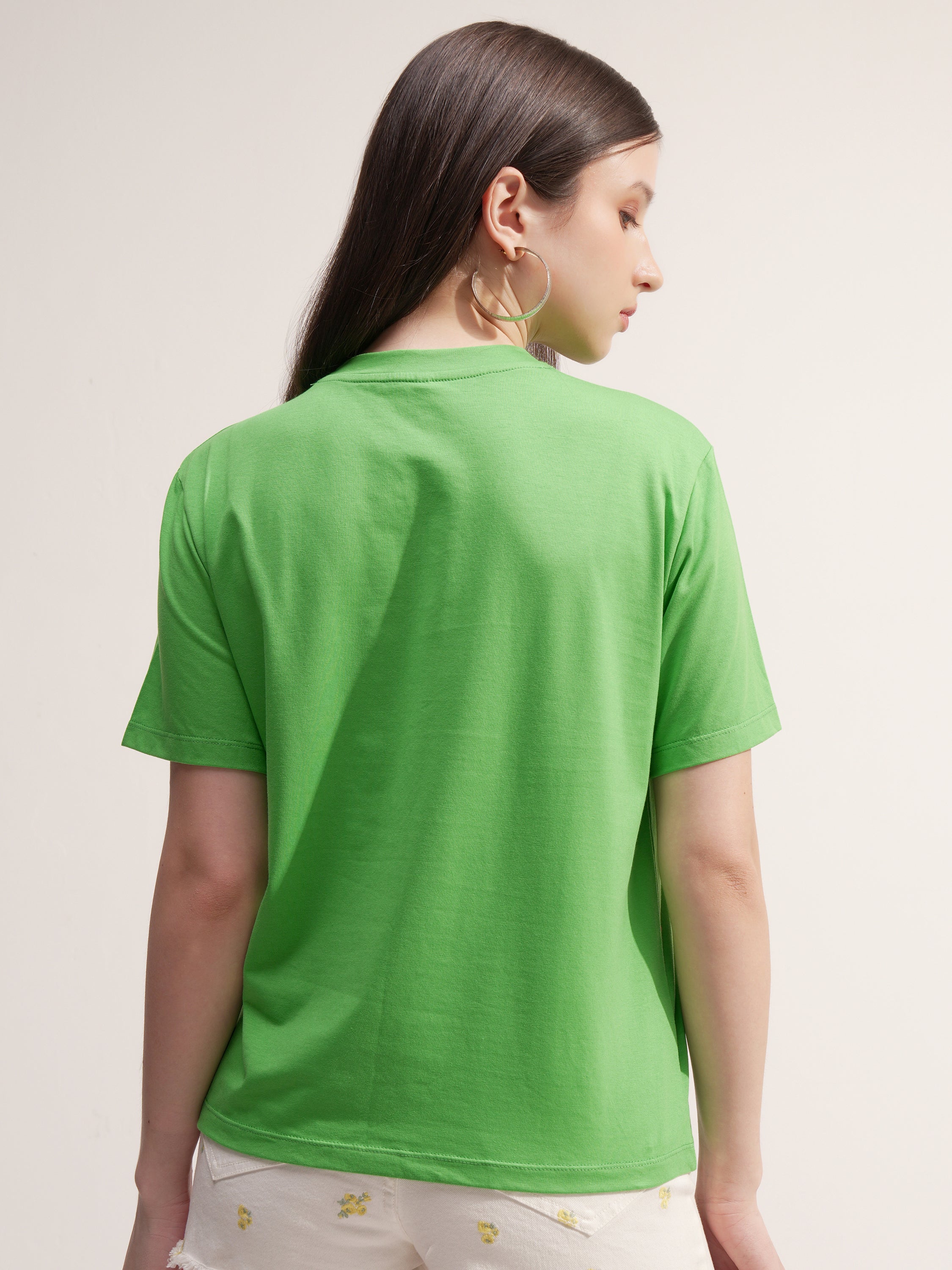 Tokyo Talkies Women Green Solid Round Neck T-Shirt - Green - Image 3