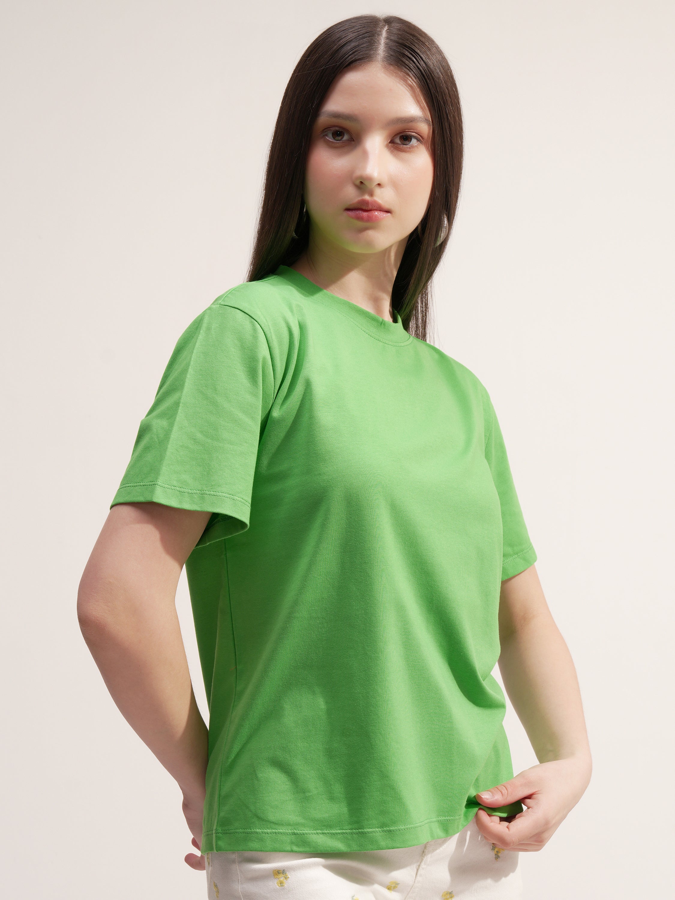 Tokyo Talkies Women Green Solid Round Neck T-Shirt - Green - Image 6