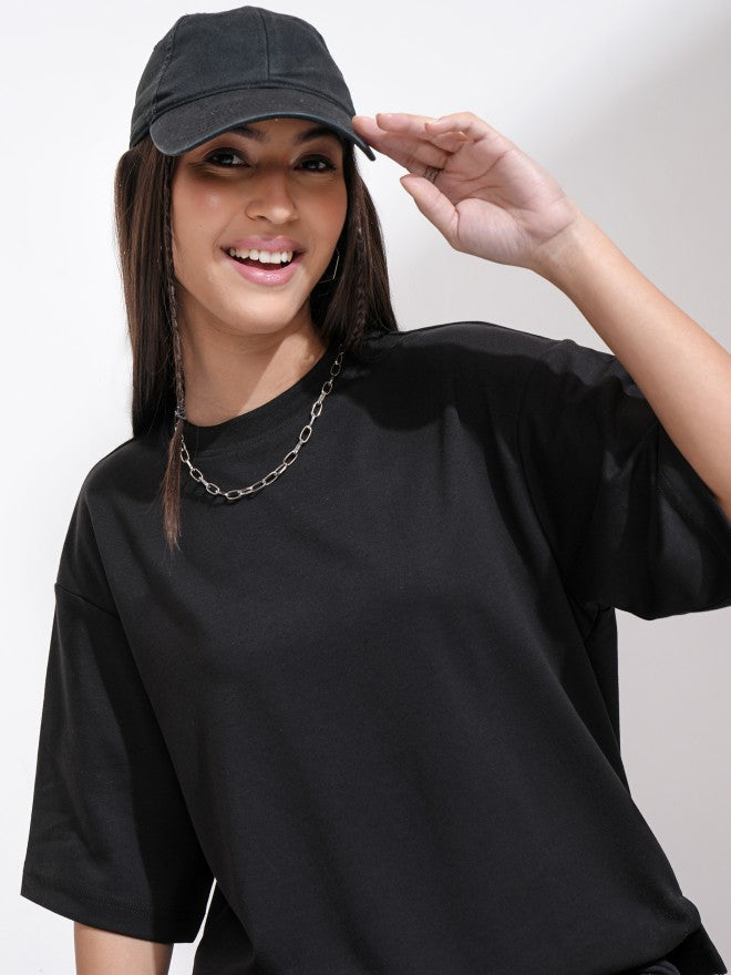 Tokyo Talkies Women Black Solid Round Neck T-Shirt - Black - Image 1