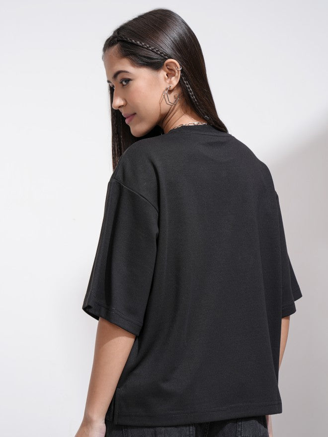 Tokyo Talkies Women Black Solid Round Neck T-Shirt - Black - Image 3