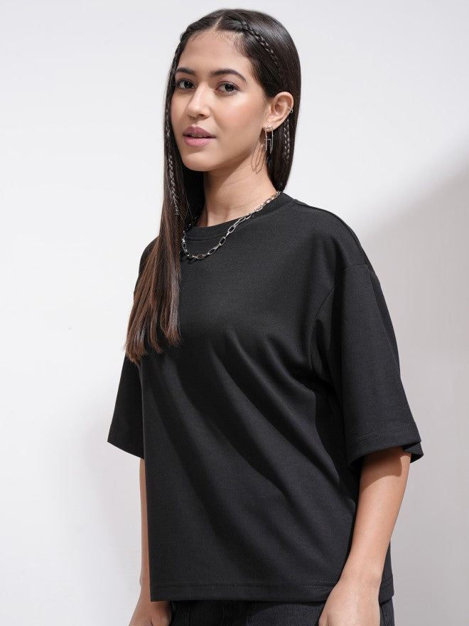 Tokyo Talkies Women Black Solid Round Neck T-Shirt - Black - Image 4