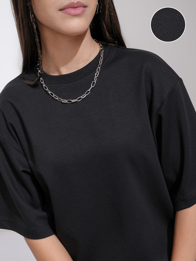 Tokyo Talkies Women Black Solid Round Neck T-Shirt - Black - Image 5