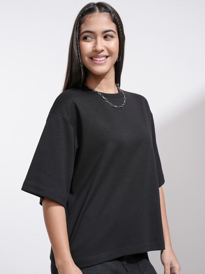 Tokyo Talkies Women Black Solid Round Neck T-Shirt - Black - Image 6