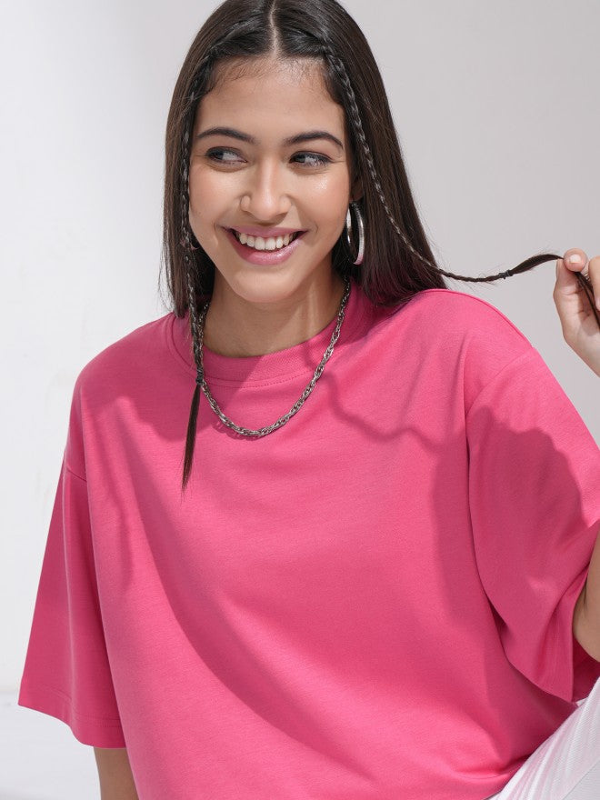 Tokyo Talkies Women Pink Solid Round Neck T-Shirt - Pink - Image 1