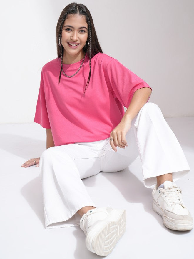 Tokyo Talkies Women Pink Solid Round Neck T-Shirt - Pink - Image 2