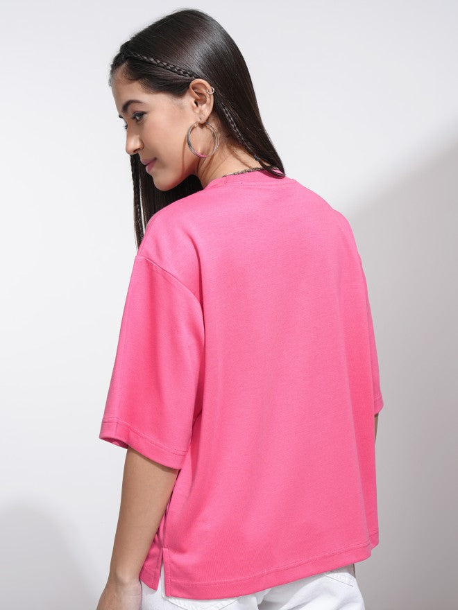 Tokyo Talkies Women Pink Solid Round Neck T-Shirt - Pink - Image 3